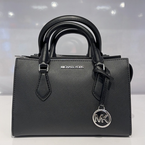 Michael Kors Sheila Small Black Vegan Saffiano Leather Center Zip Satchel  Bag 